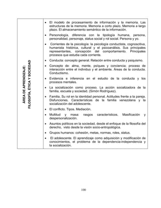 • El modelo de procesamiento de información y la memoria. Las
estructuras de la memoria. Memoria a corto plazo. Memoria a largo
plazo. El almacenamiento semántico de la información.
• Personología, diferencia con la tipología humana, persona,
personalidad, personaje, status social y rol social. Persona y yo.
• Corrientes de la psicología: la psicología conductista, cognoscitiva,
humanista histórica, cultural y el psicoanálisis. Sus principales
representantes, concepción del comportamiento. Principales
procesos que estudia cada corriente.
• Conducta: concepto general. Relación entre conducta y psiquismo.
• Concepto de: alma, mente, psíques y conciencia; proceso de
interacción entre el individuo y el ambiente. Áreas de la conducta.
Conductismo.
• Evidencia e inferencia en el estudio de la conducta y los
procesos mentales.
• La socialización como proceso. La acción socializadora de la
familia, escuela y sociedad. (Simón Rodríguez).
• Familia. Su rol en la identidad personal. Actitudes frente a la pareja.
Disfunciones. Características de la familia venezolana y la
socialización del adolescente.
• El conflicto. Tipos. Mediación.
• Multitud y masa: rasgos característicos. Masificación y
despersonalización.
• Asuntos políticos en la sociedad, desde el enfoque de la filosofía del
derecho, visto desde la visión socio-antropológica.
• Grupos humanos: cohesión, metas, normas, roles, status.
• El adolescente. El aprendizaje como adquisición y modificación de
conocimientos, el problema de la dependencia-independencia y
la socialización.
ÁREADEAPRENDIZAJE:
FILOSOFÍA,ÉTICAYSOCIEDAD
100
 