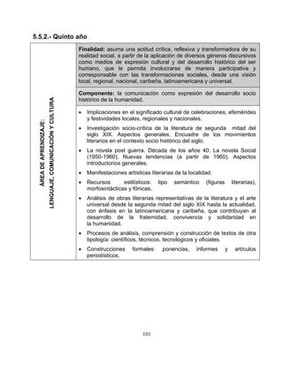 5.5.2.- Quinto año
Finalidad: asuma una actitud crítica, reflexiva y transformadora de su
realidad social, a partir de la aplicación de diversos géneros discursivos
como medios de expresión cultural y del desarrollo histórico del ser
humano, que le permita involucrarse de manera participativa y
corresponsable con las transformaciones sociales, desde una visión
local, regional, nacional, caribeña, latinoamericana y universal.
Componente: la comunicación como expresión del desarrollo socio
histórico de la humanidad.
• Implicaciones en el significado cultural de celebraciones, efemérides
y festividades locales, regionales y nacionales.
• Investigación socio-crítica de la literatura de segunda mitad del
siglo XIX. Aspectos generales. Encuadre de los movimientos
literarios en el contexto socio histórico del siglo.
• La novela post guerra. Década de los años 40. La novela Social
(1950-1960). Nuevas tendencias (a partir de 1960). Aspectos
introductorios generales.
• Manifestaciones artísticas literarias de la localidad.
• Recursos estilísticos: tipo semántico (figuras literarias),
morfosintácticas y fónicas.
• Análisis de obras literarias representativas de la literatura y el arte
universal desde la segunda mitad del siglo XIX hasta la actualidad,
con énfasis en la latinoamericana y caribeña, que contribuyan al
desarrollo de la fraternidad, convivencia y solidaridad en
la humanidad.
• Procesos de análisis, comprensión y construcción de textos de otra
tipología: científicos, técnicos, tecnológicos y oficiales.
• Construcciones formales: ponencias, informes y artículos
periodísticos.
ÁREADEAPRENDIZAJE:
LENGUAJE,COMUNICACIÓNYCULTURA
101
 
