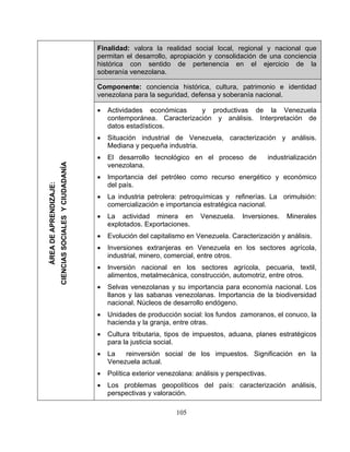 Finalidad: valora la realidad social local, regional y nacional que
permitan el desarrollo, apropiación y consolidación de una conciencia
histórica con sentido de pertenencia en el ejercicio de la
soberanía venezolana.
Componente: conciencia histórica, cultura, patrimonio e identidad
venezolana para la seguridad, defensa y soberanía nacional.
• Actividades económicas y productivas de la Venezuela
contemporánea. Caracterización y análisis. Interpretación de
datos estadísticos.
• Situación industrial de Venezuela, caracterización y análisis.
Mediana y pequeña industria.
• El desarrollo tecnológico en el proceso de industrialización
venezolana.
• Importancia del petróleo como recurso energético y económico
del país.
• La industria petrolera: petroquímicas y refinerías. La orimulsión:
comercialización e importancia estratégica nacional.
• La actividad minera en Venezuela. Inversiones. Minerales
explotados. Exportaciones.
• Evolución del capitalismo en Venezuela. Caracterización y análisis.
• Inversiones extranjeras en Venezuela en los sectores agrícola,
industrial, minero, comercial, entre otros.
• Inversión nacional en los sectores agrícola, pecuaria, textil,
alimentos, metalmecánica, construcción, automotriz, entre otros.
• Selvas venezolanas y su importancia para economía nacional. Los
llanos y las sabanas venezolanas. Importancia de la biodiversidad
nacional. Núcleos de desarrollo endógeno.
• Unidades de producción social: los fundos zamoranos, el conuco, la
hacienda y la granja, entre otras.
• Cultura tributaria, tipos de impuestos, aduana, planes estratégicos
para la justicia social.
• La reinversión social de los impuestos. Significación en la
Venezuela actual.
• Política exterior venezolana: análisis y perspectivas.
• Los problemas geopolíticos del país: caracterización análisis,
perspectivas y valoración.
ÁREADEAPRENDIZAJE:
CIENCIASSOCIALESYCIUDADANÍA
105
 