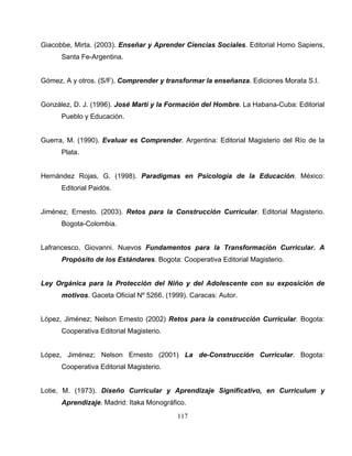 117
Giacobbe, Mirta. (2003). Enseñar y Aprender Ciencias Sociales. Editorial Homo Sapiens,
Santa Fe-Argentina.
Gómez, A y otros. (S/F). Comprender y transformar la enseñanza. Ediciones Morata S.I.
González, D. J. (1996). José Martí y la Formación del Hombre. La Habana-Cuba: Editorial
Pueblo y Educación.
Guerra, M. (1990). Evaluar es Comprender. Argentina: Editorial Magisterio del Río de la
Plata.
Hernández Rojas, G. (1998). Paradigmas en Psicología de la Educación. México:
Editorial Paidós.
Jiménez, Ernesto. (2003). Retos para la Construcción Curricular. Editorial Magisterio.
Bogota-Colombia.
Lafrancesco, Giovanni. Nuevos Fundamentos para la Transformación Curricular. A
Propósito de los Estándares. Bogota: Cooperativa Editorial Magisterio.
Ley Orgánica para la Protección del Niño y del Adolescente con su exposición de
motivos. Gaceta Oficial Nº 5266. (1999). Caracas: Autor.
López, Jiménez; Nelson Ernesto (2002) Retos para la construcción Curricular. Bogota:
Cooperativa Editorial Magisterio.
López, Jiménez; Nelson Ernesto (2001) La de-Construcción Curricular. Bogota:
Cooperativa Editorial Magisterio.
Lotie, M. (1973). Diseño Curricular y Aprendizaje Significativo, en Curriculum y
Aprendizaje. Madrid: Itaka Monográfico.
 