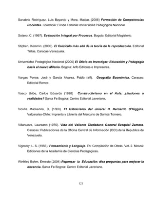 121
Sanabria Rodríguez, Luis Bayardo y Mora, Macias (2006) Formación de Competencias
Docentes. Colombia: Fondo Editorial Universidad Pedagógica Nacional.
Solano, C. (1997). Evaluación Integral por Procesos. Bogota: Editorial Magisterio.
Stiphen, Kemmin. (2000). El Currículo más allá de la teoría de la reproducción. Editorial
Trillas, Caracas-Venezuela.
Universidad Pedagógica Nacional (2000) El Oficio de Investigar: Educación y Pedagogía
hacia el nuevo Milenio. Bogota: Arfo Editores e Impresores.
Vargas Ponce, José y García Alvarez, Pablo (s/f). Geografía Económica. Caracas:
Editorial Romor.
Vasco Uribe, Carlos Eduardo (1998) Constructivismo en el Aula: ¿ilusiones o
realidades? Santa Fe Bogota: Centro Editorial Javeriano.
Vicuña Mackenna, B. (1860). El Ostracismo del Jeneral D. Bernardo O‘Higgins.
Valparaíso-Chile: Imprenta y Librería del Mercurio de Santos Tornero.
Villanueva, Laureano (1975). Vida del Valiente Ciudadano General Ezequiel Zamora.
Caracas: Publicaciones de la Oficina Central de Información (OCI) de la Republica de
Venezuela.
Vigostky, L. S. (1983). Pensamiento y Lenguaje. En: Compilación de Obras, Vol. 2. Moscú:
Ediciones de la Academia de Ciencias Pedagógicas.
Winfried Bohm, Ernesto (2004) Repensar la Educación: diez preguntas para mejorar la
docencia. Santa Fe Bogota: Centro Editorial Javeriano.
 