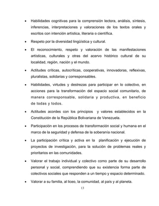 13
• Habilidades cognitivas para la comprensión lectora, análisis, síntesis,
inferencias, interpretaciones y valoraciones de los textos orales y
escritos con intención artística, literaria o científica.
• Respeto por la diversidad lingüística y cultural.
• El reconocimiento, respeto y valoración de las manifestaciones
artísticas, culturales y otras del acervo histórico cultural de su
localidad, región, nación y el mundo.
• Actitudes críticas, autocríticas, cooperativas, innovadoras, reflexivas,
pluralistas, solidarias y corresponsables.
• Habilidades, virtudes y destrezas para participar en lo colectivo, en
acciones para la transformación del espacio social comunitario, de
manera corresponsable, solidaria y productiva, en beneficio
de todas y todos.
• Actitudes acordes con los principios y valores establecidos en la
Constitución de la República Bolivariana de Venezuela.
• Participación en los procesos de transformación social y humana en el
marco de la seguridad y defensa de la soberanía nacional.
• La participación crítica y activa en la planificación y ejecución de
proyectos de investigación, para la solución de problemas reales y
prioritarios en las comunidades.
• Valorar el trabajo individual y colectivo como parte de su desarrollo
personal y social, comprendiendo que su existencia forma parte de
colectivos sociales que responden a un tiempo y espacio determinado.
• Valorar a su familia, al liceo, la comunidad, al país y al planeta.
 