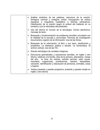 26
• Análisis sintáctico de las palabras: estructura de la oración.
Sintagma nominal y sintagma verbal. Conjugación de verbos
regulares e irregulares (castellano e idiomas extranjeros).
Clasificación de la oración según la actitud del hablante en su
contexto y por la naturaleza del predicado.
• Uso del idioma en función de la tecnología. Correo electrónico,
mensaje de texto.
• Búsqueda y fundamentación de problemas sencillos vinculados con
la realidad de la escuela y comunidad. Técnicas de investigación
documental y registro de la información. Uso de las fichas.
• Búsqueda de la información: el libro y sus tipos, clasificación y
propósitos. La biblioteca pública y escolar. La hemeroteca. El
archivo vertical. Uso de las TIC.
• Estudio etimológico de vocablos indígenas.
• Estructuras gramaticales y expresiones sencillas, en inglés u otro
idioma, relativas a la familia, días de la semana, abecedario, meses
del año, la hora, los colores, solicitar permiso, pedir ayuda,
mandatos, sugerencias, prohibiciones, saludos, despedidas,
ubicación, identificación y descripción de personas, animales, cosas
y lugares.
• Verbos presente y pasado progresivo, presente y pasado simple en
inglés u otro idioma.
 