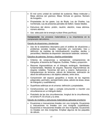 57
• El mol como unidad de cantidad de sustancia. Masa molecular y
Masa atómica (en gramos). Masa: fórmula en gramos. Número
de Avogadro.
• Propiedades de los gases. Ley de Boyle, Ley de Charles, Ley
Combinada, Ley de presiones parciales de Dalton. Gases Ideales.
• Estructura del átomo: protón, neutrón, electrón, masa atómica,
número atómico.
• Uso adecuado de la energía nuclear (fines pacíficos).
Componente: los procesos matemáticos y su importancia en la
comprensión del entorno.
Estudio de situaciones y tendencias
• Uso de la estadística descriptiva para el análisis de situaciones y
problemas sociales locales, regionales y/o nacionales. Uso y
definición de medidas de individualización (cuartiles, deciles, y
percentiles). Medidas de dispersión: desviación estándar, varianza.
Estudios de patrones, formas y diseños ambientales
• Criterios de congruencias y semejanzas: comparaciones de
triángulos, el teorema de Pitágoras, Euclides, Thales y proporción.
• Razones trigonométricas en el triángulo rectángulo. Identidades
fundamentales. Medidas de ángulos. Razones trigonométricas de
ángulos notables. Teoremas del seno y coseno. Aplicaciones a:
triangulaciones de terrenos, cálculo de distancias, estimación de
altura de edificaciones o de objetos celestes, entre otros.
• Comprensión del espacio geográfico a través de las regiones
poligonales, perímetro, semiperímetro (área, adición de áreas, áreas
de triángulos y cuadriláteros).
• Superficies esféricas en el universo: definición y propiedades.
• Construcciones con regla y compás (circunscribir e inscribir una
circunferencia en un triángulo dado).
• Postulado de las dos circunferencias, longitud de la circunferencia,
el número Pi. El círculo y su área.
Estudio de modelos y estructuras matemáticas aplicadas al entorno
• Ecuaciones e inecuaciones lineales con una incógnita. Ecuaciones
e inecuaciones no lineales con una incógnita (cuadráticas).
Ecuaciones e inecuaciones lineales con dos incógnitas. Ecuaciones
no lineales con dos incógnitas. Emplear algunos de los paquetes
de cálculo.
 