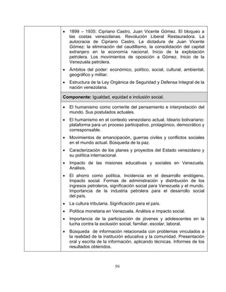 59
• 1899 – 1935: Cipriano Castro, Juan Vicente Gómez. El bloqueo a
las costas venezolanas. Revolución Liberal Restauradora. La
autocracia de Cipriano Castro. La dictadura de Juan Vicente
Gómez: la eliminación del caudillismo, la consolidación del capital
extranjero en la economía nacional. Inicio de la explotación
petrolera. Los movimientos de oposición a Gómez. Inicio de la
Venezuela petrolera.
• Ámbitos del poder: económico, político, social, cultural, ambiental,
geográfico y militar.
• Estructura de la Ley Orgánica de Seguridad y Defensa Integral de la
nación venezolana.
Componente: Igualdad, equidad e inclusión social.
• El humanismo como corriente del pensamiento e interpretación del
mundo. Sus postulados actuales.
• El humanismo en el contexto venezolano actual. Ideario bolivariano:
plataforma para un proceso participativo, protagónico, democrático y
corresponsable.
• Movimientos de emancipación, guerras civiles y conflictos sociales
en el mundo actual. Búsqueda de la paz.
• Caracterización de los planes y proyectos del Estado venezolano y
su política internacional.
• Impacto de las misiones educativas y sociales en Venezuela.
Análisis.
• El ahorro como política. Incidencia en el desarrollo endógeno.
Impacto social. Formas de administración y distribución de los
ingresos petroleros, significación social para Venezuela y el mundo.
Importancia de la industria petrolera para el desarrollo social
del país.
• La cultura tributaria. Significación para el país.
• Política monetaria en Venezuela. Análisis e impacto social.
• Importancia de la participación de jóvenes y adolescentes en la
lucha contra la exclusión social, familiar, escolar, laboral.
• Búsqueda de información relacionada con problemas vinculados a
la realidad de la institución educativa y la comunidad. Presentación
oral y escrita de la información, aplicando técnicas. Informes de los
resultados obtenidos.
 