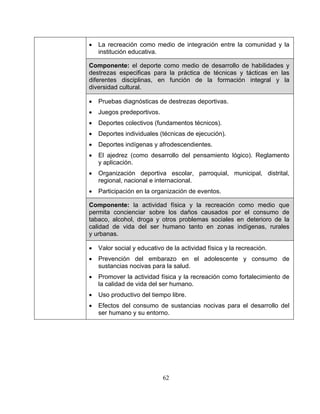 62
• La recreación como medio de integración entre la comunidad y la
institución educativa.
Componente: el deporte como medio de desarrollo de habilidades y
destrezas especificas para la práctica de técnicas y tácticas en las
diferentes disciplinas, en función de la formación integral y la
diversidad cultural.
• Pruebas diagnósticas de destrezas deportivas.
• Juegos predeportivos.
• Deportes colectivos (fundamentos técnicos).
• Deportes individuales (técnicas de ejecución).
• Deportes indígenas y afrodescendientes.
• El ajedrez (como desarrollo del pensamiento lógico). Reglamento
y aplicación.
• Organización deportiva escolar, parroquial, municipal, distrital,
regional, nacional e internacional.
• Participación en la organización de eventos.
Componente: la actividad física y la recreación como medio que
permita concienciar sobre los daños causados por el consumo de
tabaco, alcohol, droga y otros problemas sociales en deterioro de la
calidad de vida del ser humano tanto en zonas indígenas, rurales
y urbanas.
• Valor social y educativo de la actividad física y la recreación.
• Prevención del embarazo en el adolescente y consumo de
sustancias nocivas para la salud.
• Promover la actividad física y la recreación como fortalecimiento de
la calidad de vida del ser humano.
• Uso productivo del tiempo libre.
• Efectos del consumo de sustancias nocivas para el desarrollo del
ser humano y su entorno.
 