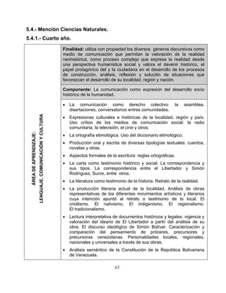 5.4.- Mención Ciencias Naturales.
5.4.1.- Cuarto año.
Finalidad: utiliza con propiedad los diversos géneros discursivos como
medio de comunicación que permitan la valoración de la realidad
neohistórica, como proceso complejo que expresa la realidad desde
una perspectiva humanística social y valora el devenir histórico, el
papel protagónico del y la ciudadana en el desarrollo de los procesos
de construcción, análisis, reflexión y solución de situaciones que
favorezcan el desarrollo de su localidad, región y nación.
Componente: La comunicación como expresión del desarrollo socio
histórico de la humanidad.
• La comunicación como derecho colectivo: la asamblea,
disertaciones, conversatorios entres comunidades.
• Expresiones culturales e históricas de la localidad, región y país.
Uso crítico de los medios de comunicación social: la radio
comunitaria, la televisión, el cine y otros.
• La ortografía etimológica. Uso del diccionario etimológico.
• Producción oral y escrita de diversas tipologías textuales: cuentos,
novelas y otras.
• Aspectos formales de la escritura: reglas ortográficas.
• La carta como testimonio histórico y social. La correspondencia y
sus tipos. La correspondencia entre el Libertador y Simón
Rodríguez, Sucre, entre otros.
• La literatura como testimonio de la historia. Retrato de la realidad.
• La producción literaria actual de la localidad. Análisis de obras
representativas de los diferentes movimientos artísticos y literarios
cuya intención apuntó al retrato o testimonio de lo local. El
criollismo. El nativismo. El indigenismo. El regionalismo.
El tradicionalismo.
• Lectura interpretativa de documentos históricos y legales: vigencia y
valoración del ideario de El Libertador a partir del análisis de su
obra. El discurso ideológico de Simón Bolívar. Caracterización y
comparación del pensamiento de próceres, precursores y
precursoras venezolanas. Personalidades locales, regionales,
nacionales y universales a través de sus obras.
• Análisis semántico de la Constitución de la República Bolivariana
de Venezuela.
ÁREADEAPRENDIZAJE:
LENGUAJE,COMUNICACIÓNYCULTURA
63
 