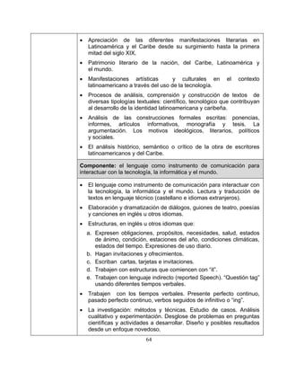 64
• Apreciación de las diferentes manifestaciones literarias en
Latinoamérica y el Caribe desde su surgimiento hasta la primera
mitad del siglo XIX.
• Patrimonio literario de la nación, del Caribe, Latinoamérica y
el mundo.
• Manifestaciones artísticas y culturales en el contexto
latinoamericano a través del uso de la tecnología.
• Procesos de análisis, comprensión y construcción de textos de
diversas tipologías textuales: científico, tecnológico que contribuyan
al desarrollo de la identidad latinoamericana y caribeña.
• Análisis de las construcciones formales escritas: ponencias,
informes, artículos informativos, monografía y tesis. La
argumentación. Los motivos ideológicos, literarios, políticos
y sociales.
• El análisis histórico, semántico o crítico de la obra de escritores
latinoamericanos y del Caribe.
Componente: el lenguaje como instrumento de comunicación para
interactuar con la tecnología, la informática y el mundo.
• El lenguaje como instrumento de comunicación para interactuar con
la tecnología, la informática y el mundo. Lectura y traducción de
textos en lenguaje técnico (castellano e idiomas extranjeros).
• Elaboración y dramatización de diálogos, guiones de teatro, poesías
y canciones en inglés u otros idiomas.
• Estructuras, en inglés u otros idiomas que:
a. Expresen obligaciones, propósitos, necesidades, salud, estados
de ánimo, condición, estaciones del año, condiciones climáticas,
estados del tiempo. Expresiones de uso diario.
b. Hagan invitaciones y ofrecimientos.
c. Escriban cartas, tarjetas e invitaciones.
d. Trabajen con estructuras que comiencen con “it”.
e. Trabajen con lenguaje indirecto (reported Speech). “Questión tag”
usando diferentes tiempos verbales.
• Trabajen con los tiempos verbales. Presente perfecto continuo,
pasado perfecto continuo, verbos seguidos de infinitivo o “ing”.
• La investigación: métodos y técnicas. Estudio de casos. Análisis
cualitativo y experimentación. Desglose de problemas en preguntas
científicas y actividades a desarrollar. Diseño y posibles resultados
desde un enfoque novedoso.
 