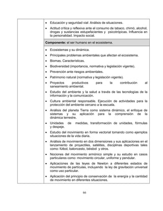 66
• Educación y seguridad vial: Análisis de situaciones.
• Actitud crítica y reflexiva ante el consumo de tabaco, chimó, alcohol,
drogas y sustancias estupefacientes y psicotrópicas. Influencia en
la personalidad. Impacto social.
Componente: el ser humano en el ecosistema.
• Ecosistemas y su dinámica.
• Principales problemas ambientales que afectan el ecosistema.
• Biomas. Características.
• Biodiversidad (importancia, normativa y legislación vigente).
• Prevención ante riesgos ambientales.
• Patrimonio natural (normativa y legislación vigente).
• Proyectos productivos para la contribución al
saneamiento ambiental.
• Estudio del ambiente y la salud a través de las tecnologías de la
información y la comunicación.
• Cultura ambiental responsable. Ejecución de actividades para la
protección del ambiente cercano a la escuela.
• Análisis del planeta Tierra como sistema dinámico, el enfoque de
sistemas y su aplicación para la comprensión de la
dinámica terrestre.
• Unidades de medidas, transformación de unidades, fórmulas
y despeje.
• Estudio del movimiento en forma vectorial tomando como ejemplos
situaciones de la vida diaria.
• Análisis de movimiento en dos dimensiones y sus aplicaciones en el
lanzamiento de proyectiles, satélites, disciplinas deportivas tales
como: fútbol, baloncesto, béisbol y otros.
• Nociones del movimiento armónico simple y su estudio en casos
particulares como: movimiento circular, uniforme y pendular.
• Aplicaciones de las leyes de Newton a diferentes estados de
movimiento de partículas, incluyendo la ley de gravitación universal
como uso particular.
• Aplicación del principio de conservación de la energía y la cantidad
de movimiento en diferentes situaciones.
 