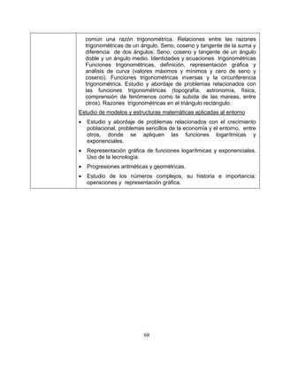 68
común una razón trigonométrica. Relaciones entre las razones
trigonométricas de un ángulo. Seno, coseno y tangente de la suma y
diferencia de dos ángulos. Seno, coseno y tangente de un ángulo
doble y un ángulo medio. Identidades y ecuaciones trigonométricas
Funciones trigonométricas, definición, representación gráfica y
análisis de curva (valores máximos y mínimos y cero de seno y
coseno). Funciones trigonométricas inversas y la circunferencia
trigonométrica. Estudio y abordaje de problemas relacionados con
las funciones trigonométricas (topografía, astronomía, física,
comprensión de fenómenos como la subida de las mareas, entre
otros). Razones trigonométricas en el triángulo rectángulo.
Estudio de modelos y estructuras matemáticas aplicadas al entorno
• Estudio y abordaje de problemas relacionados con el crecimiento
poblacional, problemas sencillos de la economía y el entorno, entre
otros, donde se apliquen las funciones logarítmicas y
exponenciales.
• Representación gráfica de funciones logarítmicas y exponenciales.
Uso de la tecnología.
• Progresiones aritméticas y geométricas.
• Estudio de los números complejos, su historia e importancia:
operaciones y representación gráfica.
 