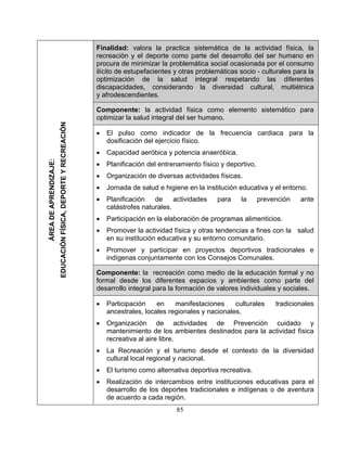 Finalidad: valora la practica sistemática de la actividad física, la
recreación y el deporte como parte del desarrollo del ser humano en
procura de minimizar la problemática social ocasionada por el consumo
ilícito de estupefacientes y otras problemáticas socio - culturales para la
optimización de la salud integral respetando las diferentes
discapacidades, considerando la diversidad cultural, multiétnica
y afrodescendientes.
Componente: la actividad física como elemento sistemático para
optimizar la salud integral del ser humano.
• El pulso como indicador de la frecuencia cardiaca para la
dosificación del ejercicio físico.
• Capacidad aeróbica y potencia anaeróbica.
• Planificación del entrenamiento físico y deportivo.
• Organización de diversas actividades físicas.
• Jornada de salud e higiene en la institución educativa y el entorno.
• Planificación de actividades para la prevención ante
catástrofes naturales.
• Participación en la elaboración de programas alimenticios.
• Promover la actividad física y otras tendencias a fines con la salud
en su institución educativa y su entorno comunitario.
• Promover y participar en proyectos deportivos tradicionales e
indígenas conjuntamente con los Consejos Comunales.
Componente: la recreación como medio de la educación formal y no
formal desde los diferentes espacios y ambientes como parte del
desarrollo integral para la formación de valores individuales y sociales.
• Participación en manifestaciones culturales tradicionales
ancestrales, locales regionales y nacionales.
• Organización de actividades de Prevención cuidado y
mantenimiento de los ambientes destinados para la actividad física
recreativa al aire libre.
• La Recreación y el turismo desde el contexto de la diversidad
cultural local regional y nacional.
• El turismo como alternativa deportiva recreativa.
• Realización de intercambios entre instituciones educativas para el
desarrollo de los deportes tradicionales e indígenas o de aventura
de acuerdo a cada región.
ÁREADEAPRENDIZAJE:
EDUCACIÓNFÍSICA,DEPORTEYRECREACIÓN
85
 