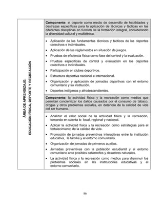 Componente: el deporte como medio de desarrollo de habilidades y
destrezas específicas para la aplicación de técnicas y tácticas en las
diferentes disciplinas en función de la formación integral, considerando
la diversidad cultural y multiétnica.
• Aplicación de los fundamentos técnicos y tácticos de los deportes
colectivos e individuales.
• Aplicación de los reglamentos en situación de juegos.
• Pruebas de eficiencia física como fase del control y la evaluación.
• Pruebas específicas de control y evaluación en los deportes
colectivos e individuales.
• Participación en clubes deportivos.
• Estructura deportiva nacional e internacional.
• Organización y aplicación de jornadas deportivas con el entorno
comunitario y su institución.
• Deportes indígenas y afrodescendientes.
Componente: la actividad física y la recreación como medios que
permitan concientizar los daños causados por el consumo de tabaco,
drogas y otros problemas sociales, en deterioro de la calidad de vida
del ser humano.
• Analizar el valor social de la actividad física y la recreación,
tomando en cuenta lo local, regional y nacional.
• Aplicar la actividad física y la recreación como estrategias para el
fortalecimiento de la calidad de vida.
• Promoción de jornadas preventivas interactivas entre la institución
educativa, la familia y el entorno comunitario.
• Organización de jornadas de primeros auxilios.
• Jornadas preventivas con la población estudiantil y el entorno
comunitario ante posibles catástrofes y desastres naturales.
• La actividad física y la recreación como medios para disminuir los
problemas sociales en las instituciones educativas y el
entorno comunitario.
ÁREADEAPRENDIZAJE:
EDUCACIÓNFÍSICA,DEPORTEYRECREACIÓN
86
 