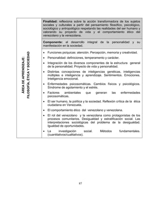 Finalidad: reflexiona sobre la acción transformadora de los sujetos
sociales y culturales a partir del pensamiento filosófico, psicológico,
sociológico y antropológico respetando las realidades del ser humano y
valorando su proyecto de vida y el comportamiento ético del
venezolano y la venezolana.
Componente: el desarrollo integral de la personalidad y su
manifestación en la sociedad.
• Funciones psíquicas: atención. Percepción, memoria y creatividad.
• Personalidad: definiciones, temperamento y carácter.
• Integración de los diversos componentes de la estructura general
de la personalidad. Proyecto de vida y personalidad.
• Distintas concepciones de inteligencias genéticas, inteligencias
múltiples e inteligencia y aprendizaje. Sentimientos. Emociones.
Inteligencia emocional.
• Enfermedades psicosomáticas. Cambios físicos y psicológicos.
Síndrome de agotamiento y el estrés.
• Factores ambientales que generan las enfermedades
psicosomáticas.
• El ser humano, la política y la sociedad. Reflexión crítica de la ética
ciudadana en Venezuela.
• El comportamiento ético del venezolano y venezolana.
• El rol del venezolano y la venezolana como protagonistas de los
procesos comunitarios. Desigualdad y estratificación social. Las
interpretaciones sociológicas del problema de la desigualdad.
Igualdad de oportunidades.
• La investigación social. Métodos fundamentales.
(cuantitativos/cualitativos).
ÁREADEAPRENDIZAJE:
FILOSOFÍA,ÉTICAYSOCIEDAD
87
 