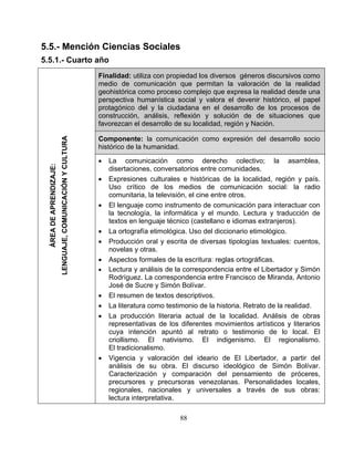 5.5.- Mención Ciencias Sociales
5.5.1.- Cuarto año
Finalidad: utiliza con propiedad los diversos géneros discursivos como
medio de comunicación que permitan la valoración de la realidad
geohistórica como proceso complejo que expresa la realidad desde una
perspectiva humanística social y valora el devenir histórico, el papel
protagónico del y la ciudadana en el desarrollo de los procesos de
construcción, análisis, reflexión y solución de de situaciones que
favorezcan el desarrollo de su localidad, región y Nación.
Componente: la comunicación como expresión del desarrollo socio
histórico de la humanidad.
• La comunicación como derecho colectivo; la asamblea,
disertaciones, conversatorios entre comunidades.
• Expresiones culturales e históricas de la localidad, región y país.
Uso crítico de los medios de comunicación social: la radio
comunitaria, la televisión, el cine entre otros.
• El lenguaje como instrumento de comunicación para interactuar con
la tecnología, la informática y el mundo. Lectura y traducción de
textos en lenguaje técnico (castellano e idiomas extranjeros).
• La ortografía etimológica. Uso del diccionario etimológico.
• Producción oral y escrita de diversas tipologías textuales: cuentos,
novelas y otras.
• Aspectos formales de la escritura: reglas ortográficas.
• Lectura y análisis de la correspondencia entre el Libertador y Simón
Rodríguez. La correspondencia entre Francisco de Miranda, Antonio
José de Sucre y Simón Bolívar.
• El resumen de textos descriptivos.
• La literatura como testimonio de la historia. Retrato de la realidad.
• La producción literaria actual de la localidad. Análisis de obras
representativas de los diferentes movimientos artísticos y literarios
cuya intención apuntó al retrato o testimonio de lo local. El
criollismo. El nativismo. El indigenismo. El regionalismo.
El tradicionalismo.
• Vigencia y valoración del ideario de El Libertador, a partir del
análisis de su obra. El discurso ideológico de Simón Bolívar.
Caracterización y comparación del pensamiento de próceres,
precursores y precursoras venezolanas. Personalidades locales,
regionales, nacionales y universales a través de sus obras:
lectura interpretativa.
ÁREADEAPRENDIZAJE:
LENGUAJE,COMUNICACIÓNYCULTURA
88
 
