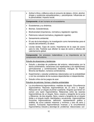 92
• Actitud crítica y reflexiva ante el consumo de tabaco, chimó, alcohol,
drogas y sustancias estupefacientes y psicotrópicas. Influencias en
la personalidad. Impacto social.
Componente: el ser humano en el ecosistema.
• Ecosistemas y su dinámica.
• Biomas. Características.
• Biodiversidad (importancia, normativa y legislación vigente).
• Patrimonio natural (normativa y legislación vigente).
• Saneamiento ambiental.
• El uso de la tecnología y la investigación como herramientas para el
estudio del ambiente y la salud.
• Lluvias ácidas. Capa de ozono. Importancia de la capa de ozono
para la vida. Factores que afectan la capa de ozono y efectos del
calentamiento global.
Componente: los procesos matemáticos y su importancia en la
comprensión del entorno.
Estudio de situaciones y tendencias
• Estudio y abordaje de problemas del entorno, relacionados con la
teoría combinatoria, variaciones (con repeticiones y sin repeticiones)
permutaciones y combinaciones (factorial), triángulo de Pascal,
Binomio de Newton, números combinatorios.
• Experimentar y estudiar problemas relacionados con la probabilidad
y con los conceptos de los sucesos dependientes e independientes.
• Estudio crítico de los juegos de azar.
Estudios de patrones, formas y diseños ambientales
• La circunferencia trigonométrica: medidas de ángulo. Circunferencia
trigonométrica. Razones trigonométricas de un arco o ángulo.
Reducción de un ángulo al primer cuadrante. Ángulos que tienen en
común una razón trigonométrica. Relaciones entre las razones
trigonométricas de un ángulo. Seno, coseno y tangente de la suma
y diferencia de dos ángulos. Seno, coseno y tangente de un ángulo
doble y un ángulo medio. Identidades y ecuaciones trigonométricas
funciones trigonométricas, definición, representación gráfica y
análisis de curva (valores máximos y mínimos y cero de seno y
coseno). Funciones trigonométricas inversas y la circunferencia
trigonométrica. Estudio y abordaje de problemas relacionados con
 