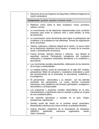 95
• Estructura de la Ley Orgánica de Seguridad y Defensa Integral de la
nación venezolana.
Componente: igualdad, equidad e inclusión social.
• Reflexión crítica sobre la ética ciudadana, moral, principios,
valores, normas.
• La comunicación en las relaciones interpersonales como condición
necesaria para evitar la violencia intra y extra familiar, la toma
de decisiones.
• La comunicación como herramienta para lograr la participación del
ciudadano y la ciudadana en las diferentes formas de organización
de la comunidad.
• Valores, soberanía y defensa integral de la nación. La nueva visión
de la distribución equitativa de la riqueza a través de la inversión
social y diversificación económica.
• Fuerza Armada: factores internos y externos que afectan la
seguridad nacional. Participación protagónica del ciudadano
venezolano y ciudadana venezolana atendiendo a lo multiétnico y
pluricultural.
• Los movimientos sociales estudiantiles, defensores de los derechos
de la mujer y ambientalistas.
• La realidad política, social de Venezuela en el siglo XXI. Análisis,
perspectivas. Modo de actuación y ciudadanía venezolana a partir
del reconocimiento de la diversidad, lo pluricultural, multiétnico y
lo protagónico.
• El pensamiento democrático y su relación con las distintas
corrientes del pensamiento. La nueva doctrina humanista
bolivariana como plataforma del proceso participativo, protagónico,
democrático y corresponsable.
• Los programas y proyectos sociales desarrollados en el país.
Caracterización y significación para la equidad y justicia en el goce
de una ciudadanía plena.
• Las misiones educativas y sociales en el país. Origen,
perspectivas, significación.
• Sentido social del tributo en el contexto actual venezolano.
Necesidades colectivas que cubre el tributo, la potestad tributaria.
• Cultura tributaria. Organismo de la recaudación de impuestos.
(SENIAT): significado, estructura organizativa, misión,
visión, funciones.
 