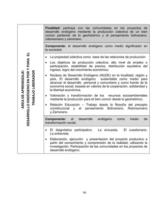 Finalidad: participa con las comunidades en los proyectos de
desarrollo endógeno mediante la producción colectiva de un bien
común partiendo de lo geohistórico y el pensamiento bolivariano,
robinsoniano y zamorano.
Componente: el desarrollo endógeno como medio dignificador en
la sociedad.
• La propiedad colectiva como base de las relaciones de producción.
• Los objetivos de producción colectiva: alto nivel de empleo o
participación, estabilidad de precios, distribución equitativa del
ingreso, logro del crecimiento económico.
• Núcleos de Desarrollo Endógeno (NUDE) en la localidad, región y
país. El desarrollo endógeno sustentable como medio para
alcanzar el desarrollo personal y comunitario y como fuente de la
economía social, basada en valores de la cooperación, solidaridad y
la libertad económica.
• Valoración y transformación de los recursos socioambientales
mediante la producción para el bien común desde lo geohistórico.
• Relación Educación – Trabajo desde la filosofía del precepto
constitucional y el pensamiento Bolivariano, Robinsoniano
y Zamorano.
Componente: el desarrollo endógeno como medio de
transformación social.
• El diagnóstico participativo. La encuesta. El cuestionario.
La entrevista.
• Elaboración, ejecución y presentación del proyecto productivo a
partir del conocimiento y comprensión de la realidad, utilizando la
investigación. Participación de las comunidades en los proyectos de
desarrollo endógeno.
ÁREADEAPRENDIZAJE:
DESARROLLOENDÓGENOENPORYPARAEL
TRABAJOLIBERADOR
96
 