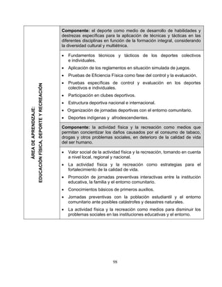 Componente: el deporte como medio de desarrollo de habilidades y
destrezas específicas para la aplicación de técnicas y tácticas en las
diferentes disciplinas en función de la formación integral, considerando
la diversidad cultural y multiétnica.
• Fundamentos técnicos y tácticos de los deportes colectivos
e individuales.
• Aplicación de los reglamentos en situación simulada de juegos.
• Pruebas de Eficiencia Física como fase del control y la evaluación.
• Pruebas específicas de control y evaluación en los deportes
colectivos e individuales.
• Participación en clubes deportivos.
• Estructura deportiva nacional e internacional.
• Organización de jornadas deportivas con el entorno comunitario.
• Deportes indígenas y afrodescendientes.
Componente: la actividad física y la recreación como medios que
permitan concientizar los daños causados por el consumo de tabaco,
drogas y otros problemas sociales, en deterioro de la calidad de vida
del ser humano.
• Valor social de la actividad física y la recreación, tomando en cuenta
a nivel local, regional y nacional.
• La actividad física y la recreación como estrategias para el
fortalecimiento de la calidad de vida.
• Promoción de jornadas preventivas interactivas entre la institución
educativa, la familia y el entorno comunitario.
• Conocimientos básicos de primeros auxilios.
• Jornadas preventivas con la población estudiantil y el entorno
comunitario ante posibles catástrofes y desastres naturales.
• La actividad física y la recreación como medios para disminuir los
problemas sociales en las instituciones educativas y el entorno.
ÁREADEAPRENDIZAJE:
EDUCACIÓNFÍSICA,DEPORTEYRECREACIÓN
98
 