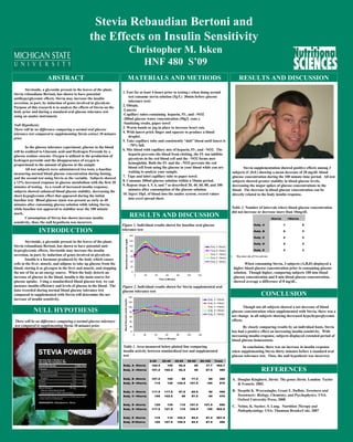 Stevia Rebaudian Bertoni and
the Effects on Insulin Sensitivity
Christopher M. Isken
HNF 480 S’09
RESULTS AND DISCUSSION
REFERENCES
NULL HYPOTHESIS
ABSTRACT
CONCLUSION
INTRODUCTION
Stevioside, a glycoside present in the leaves of the plant,
Stevia rebaudiana Bertoni, has shown to have potential
antihyperglycemic effects. Stevia may increase the insulin
secretion, in part, by induction of genes involved in glycolysis.
Purpose of this research is to analyze the effects of Stevia on the
body prior and during a standard oral glucose tolerance test
using an analox instrument.
Null Hypothesis:
There will be no difference comparing a normal oral glucose
tolerance test compared to supplementing Stevia extract 30 minutes
prior.
In the glucose tolerance experiment, glucose in the blood
will be oxidized to Gluconic acid and Hydrogen Peroxide by a
glucose oxidase enzyme. Oxygen is utilized in the production of
hydrogen peroxide and the disappearance of oxygen is
proportional to the amount of glucose in the sample.
All test subjects were administered two tests, a baseline
measuring normal blood glucose concentration during fasting,
and the second test using Stevia as the variable. Subjects showed
a 13% increased response in glucose metabolism with the first 20
minutes of testing. As a result of increased insulin response,
subjects showed enhanced blood glucose stability, decreasing the
short hypoglycemic effect that appeared during the initial
baseline test. Blood glucose stasis was present as early as 40
minutes after consuming glucose solution while taking Stevia,
while baseline test appeared to stabilize near the 100 minute
mark.
Consumption of Stevia has shown increase insulin
sensitivity, thus, the null hypothesis was incorrect.
Stevioside, a glycoside present in the leaves of the plant,
Stevia rebaudiana Bertoni, has shown to have potential anti-
hyperglycemic effects. Stevioside may increase the insulin
secretion, in part, by induction of genes involved in glycolysis.
Insulin is a hormone produced by the body which causes
cells in the liver, muscle, and adipose to take up glucose from the
blood, storing it as glycogen in the liver and muscle, and stopping
the use of fat as an energy source. When the body detects an
increase of glucose in the blood, insulin is the main source for
glucose uptake. Using a standardized blood glucose test, we can
measure insulin efficiency and levels of glucose in the blood. The
data recorded during normal blood glucose tolerance test
compared to supplemented with Stevia will determine the net
increase of insulin sensitivity.
1. Fast for at least 4 hours prior to testing ( when doing second
test consume stevia solution (5g/L) 30min before glucose
tolerance test)
2. Obtain,
-Lancets
-Capillary tubes containing heparin, Fl-, and –NO2
-200ml glucose water concentration (50g/L conc.)
-Sanitizing swabs, paper towel
3. Warm hands or jog in place to increase heart rate
4. With lancet prick finger and squeeze to produce a blood
droplet.
5. Take capillary tube and consistently “dab” blood until lancet is
~70% full.
6. Mix blood with capillary mix of heparin, Fl-, and –NO2. The
heparin prevents the blood from clotting, the Fl- ion inhibits
glycolysis in the red blood cell and the –NO2 forms met-
hemoglobin. Both the Fl- and the –NO2 prevents the red
blood cell from using the glucose in your blood while you are
waiting to analyze your sample.
7. Tape and label capillary tube to paper towel.
8. Consume 200ml glucose solution within a 10min period.
9. Repeat steps 4, 5, 6, and 7 as described 20, 40, 60, 80, and 100
minutes after consumption of the glucose solution.
10. Inject 10μL of blood into the analox system, record values
into excel spread sheet.
There will be no difference comparing a normal glucose tolerance
test compared to supplementing Stevia 30 minutes prior.
MATERIALS AND METHODS
A. Douglas Kinghorn. Stevia: The genus Stevia. London: Taylor
& Francis; 2002.
B. Deepthi K. Weerasinghe, Grant E. DuBois. Sweetness and
Sweeteners: Biology, Chemistry, and Psychophysics. USA:
Oxford University Press; 2008
C. Nelms, K. Sucher, S. Long. Nutrtition Therapy and
Pathophysiology. USA: Thomson Brooks/Cole; 2007
Though not all subjects showed a net decrease of blood
glucose concentration when supplemented with Stevia, there was a
net change in all subjects showing decreased hypo/hyperglycemic
effects.
By closely comparing results by an individual basis, Stevia
has had a positive effect on increasing insulin sensitivity. With
increasing insulin response, subjects displayed extended period of
blood glucose homeostasis.
In conclusion, there was an increase in insulin response
when supplementing Stevia thirty minutes before a standard oral
glucose tolerance test. Thus, the null hypothesis was incorrect.
Stevia supplementation showed positive effects among 3
subjects (C,D,E) showing a mean decrease of 20 mg/dL blood
glucose concentration during the 100 minute time period. All test
subjects showed greater stability in blood glucose levels,
decreasing the major spikes of glucose concentrations in the
blood. The decrease in blood glucose concentration can be
directly related to the body insulin response.
RESULTS AND DISCUSSION
Figure 1. Individual results shown for baseline oral glucose
tolerance test
Table 2: Number of intervals where blood glucose concentration
did not increase or decrease more than 10mg/dL
1. Max intervals of 5 in each test
0
20
40
60
80
100
120
140
0 20 40 60 80 100 120
Time in Minutes
BloodGlucoseLevels(mg/dL)
Subj. A +Stevia
Subj. B +Stevia
Subj. C +Stevia
Subj. D +Stevia
Subj. E +Stevia
0
20
40
60
80
100
120
140
0 20 40 60 80 100 120
Time in Minutes
BloodGlucoseLevels(mg/dL)
Subj. A -Stevia
Subj. B -Stevia
Subj. C -Stevia
Subj. D -Stevia
Subj. E -Stevia
Figure 2. Individual results shown for Stevia supplemented oral
glucose tolerance test
  0-20 20-40 40-60 60-80 80-100 Total
Subj. A -Stevia 102.5 105 92.5 85 77.7 462.7
Subj. A +Stevia 107.5 102.5 92.5 90 87.5 480
             
Subj. B -Stevia 107.5 125 95 77.5 80 485
Subj. B +Stevia 115 125 122.5 107.5 105 575
             
Subj. C -Stevia 117.5 117.5 87.5 82.5 90 495
Subj. C +Stevia 105 102.5 85 87.5 90 470
             
Subj. D -Stevia 125 135 115 107.5 107.5 590
Subj. D +Stevia 117.5 127.5 110 102.5 105 562.5
             
Subj. E -Stevia 110 115 102.5 92.5 87.5 507.5
Subj. E+Steiva 100 107.5 102.5 92.5 87.5 490
             
Table 1. Area measured below plotted line comparing
insulin activity between standardized test and supplemented
test
  -Stevia +Stevia
Subj. A 1 5
Subj. B 0 3
Subj. C 2 3
Subj. D 2 3
Subj. E 3 3
When consuming Stevia, 3 subjects (A,B,D) displayed a
higher blood glucose concentration prior to consuming glucose
solution. Though higher, comparing subjects 100 min blood
glucose concentration and 0 min blood glucose concentration,
showed average a difference of 8 mg/dL.
 
