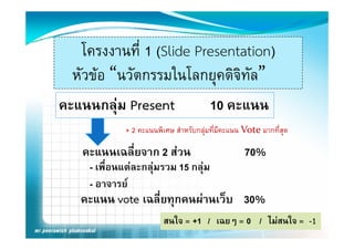 โครงงานที่ 1 (Slide Presentation)
  หััวขอ “ ัตกรรมในโลกยุคดิิจิทัล” 
         “นวั     ใ โ
คะแนนกลุม Present                     10 คะแนน
            + 2 คะแนนพิเศษ สําหรับกลุมที่มีคะแนน Vote มากที่สุด

   คะแนนเฉลยจาก สวน
   คะแนนเฉลี่ยจาก 2 สวน                          70%
    - เพื่อนแตละกลุมรวม 15 กลุม
    - อาจารย
   คะแนน vote เฉลี่ยทุกคนผานเว็บ 30%
                        สนใจ = +1 / เฉยๆ = 0 / ไมสนใจ = -1
 