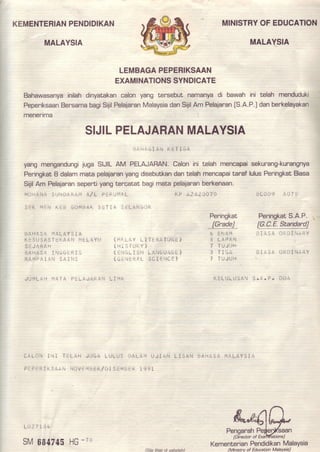 KEMENTERIANPENDIDIKAN MINISTRYOFEDUCATION
MALAYSIA MALAYSIA
LEMBAGAPEPERIKSAAN
EXAMINATIONSSYNDICATE
Bahawasanyainilah dinyatakancalon yang tensebut namanyadi bawah ini telah menduduki
PepeniksaanBensamabagiSijilPelajaranMalaysiadanSililAm Pelajaran[S.A.P.]danberkelayakan
menerima
t{AHAS r!. i''!AL$-Y5 J e
Itr:5l.iS45 T=:ii-'Aiji'rLL dYi l
5 r J.4i{* f1
UAltA S r. I i;._rir I r"iI ;
R,t e i, ,qI :i ii S,.I i.:;
i i ' l / 1 - i . y , - I T = * i q T U y i L i
t :"1' ll t''.:i. Y i
i ; , ' 1 , ' - I : J t i L A i , l G U . r t Li
i u ; - r r ; ' i ^ , L 5 d , I L i ' J { . i}
Calon ini telah mencapai
dantelah mencapaitaraf
pelajananberkenaan.
i l f * l o / J U ? *
Peringkat
IGradeJ
s tL,r ia
3 L *. ;: *. r';
7 T';Jt.ll'=
-3 TI ie;.
l TUJlji-1
sekurang-kurangnya
lulusPeringkatBiasa
rL {,'u9 ,:iJ'I )
PeringkatS.A.P.
[G.C.E.StandardJ
t . ^
- - . r - . - t i r . -  /
- ' . t * * l . l : j i ' , r * j J . , l g t i Y
-:l;r 5 l ijit iiI I't,lii,Y
f, f".L i.]i.j L,.ri
P t F * ? I i i ' i
i{f;LlJLr.J$ti..;s.i. P. iii-ti
KementerianPendidikanMalaysia
of Education MalaYsiaJ
L i i Z T i , ' i 4
sM684745 HG
-7'
SIJILPELAJARANMALAYSIA
yangmengandungijugaSIJILAM PELAJARAN.
PeringkatI dalammatapelaiaranyangdisebutkan
SijilAm Pelajaransepentiyangteneatatbagimata
i*ijnJritl:ir 5 i.j'.rlr1',r.,ifi A/ L P =r.''.lr'ia i
Siili. i'i*i.i r.:= tiil.ifirrl, .i:T i." : rL,qi';::'-i;i
T;Liin iLl|.r']. LiJLil5 i,ihL+r.i UJtr,*iil LISe:'l
* i:, i{liilr4i*n/iii 5 [;4i-,i*. i E+].
lihat di sebelah]
 