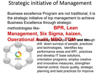 Strategic initiative of Management
Business excellence Program are not traditional, it is
the strategic initiative of top management to achieve
Business Excellence through strategic
methodologies like- BPR, Lean
Management, Six Sigma, kaizen,
Operational Audit, MBO, TQM and etc.Business excellence Task Force through
drill down surveys of people, practices
and technologies, identifies key
performance areas and KPI , practices
and develop IT base solutions,
orientation programs, employ creative
and innovative measures, strengthen
internal control, insure quality, strategic
planning and best practices for improve
 