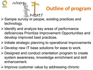 Outline of program
 Sample survey of people, existing practices and
technology.
 Identify and analyze key areas of performance
deficiencies Prioritize Improvement Opportunities and
develop improved best practices.
 Initiate strategic planning to operational improvements
 Develop new IT base solutions for ease to work.
 Designed and conduct orientation program to create
system awareness, knowledge enrichment and skill
enhancement.
 Improve customer value by addressing chronic
 