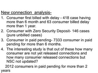 New connection analysis-
1. Consumer first billed with delay - 418 case having
more than 6 month and 63 consumer billed delay
more than 1 year.
2. Consumer with Zero Security Deposit- 146 cases
(pure unbilled cases)
3. Consumer in paid pending- 7333 consumer in paid
pending for more than 6 months.
4. The interesting study is that out of these how many
consumer are not yet released connections and
how many consumer released connections but
NSC not updated?
2012 consumers in paid pending for more than 2
years
 