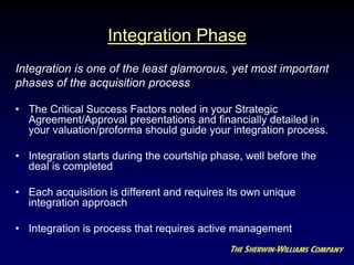 Integration is one of the least glamorous, yet most important
phases of the acquisition process
• The Critical Success Factors noted in your Strategic
Agreement/Approval presentations and financially detailed in
your valuation/proforma should guide your integration process.
• Integration starts during the courtship phase, well before the
deal is completed
• Each acquisition is different and requires its own unique
integration approach
• Integration is process that requires active management
Integration Phase
 