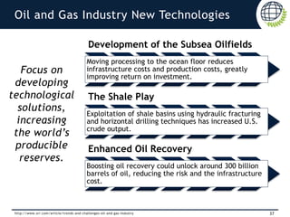 37http://www.srr.com/article/trends-and-challenges-oil-and-gas-industry
Oil and Gas Industry New Technologies
Focus on
developing
technological
solutions,
increasing
the world’s
producible
reserves.
Development of the Subsea Oilfields
Moving processing to the ocean floor reduces
infrastructure costs and production costs, greatly
improving return on investment.
The Shale Play
Exploitation of shale basins using hydraulic fracturing
and horizontal drilling techniques has increased U.S.
crude output.
Enhanced Oil Recovery
Boosting oil recovery could unlock around 300 billion
barrels of oil, reducing the risk and the infrastructure
cost.
 