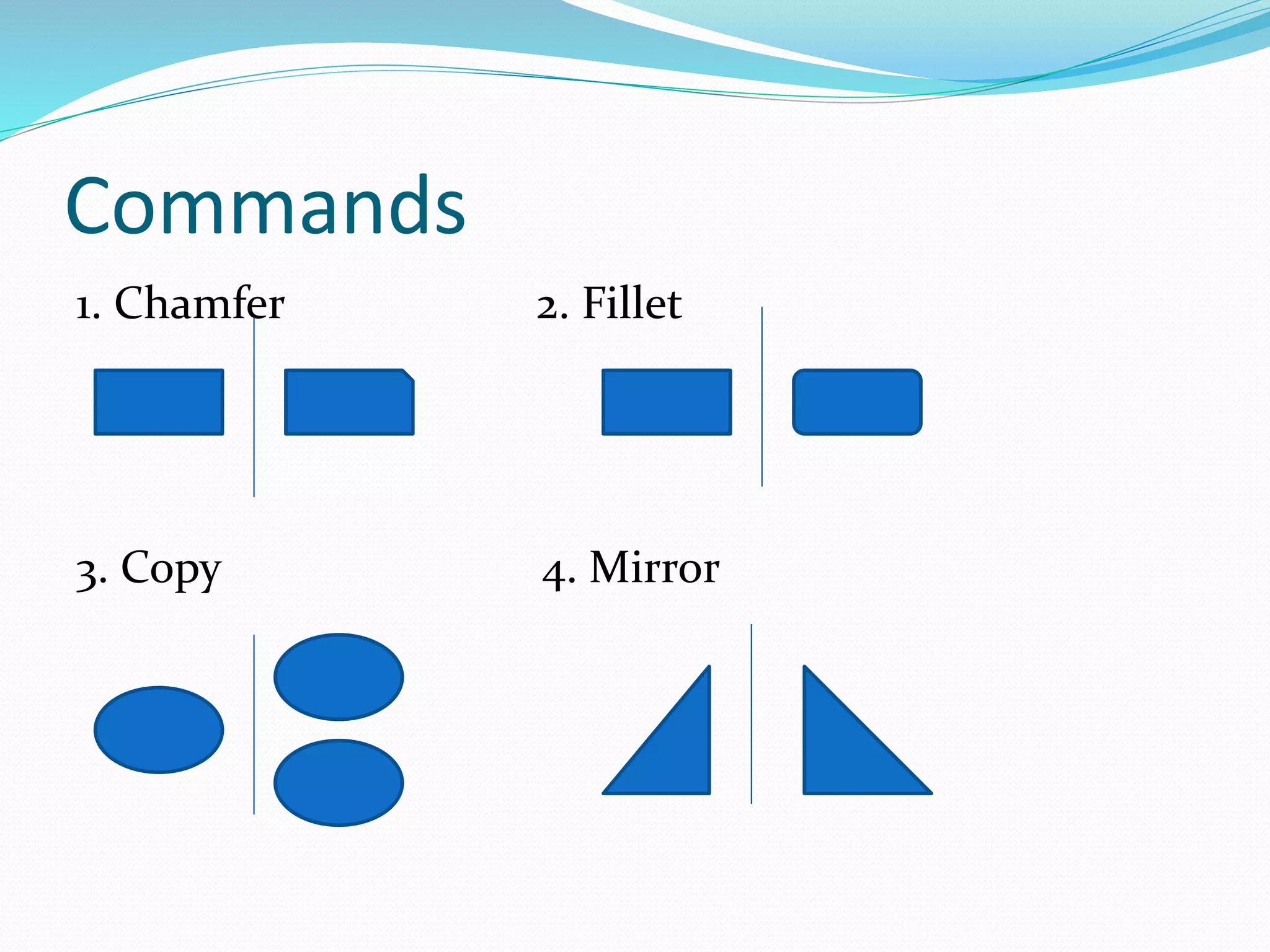 Commands
1. Chamfer 2. Fillet
3. Copy 4. Mirror
 