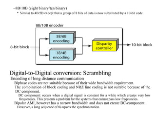 –8B/10B (eight binary/ten binary)
• Similar to 4B/5B except that a group of 8 bits of data is now substituted by a 10-bit code.
Digital-to-Digital conversion: Scrambling
Encoding of long distance communication
Biphase codes are not suitable because of their wide bandwidth requirement.
The combination of block coding and NRZ line coding is not suitable because of the
DC component.
DC component: occurs when a digital signal is constant for a while which creates very low
frequencies. This presents a problem for the systems that cannot pass low freqeuncies.
Bipolar AMI, however has a narrow bandwidth and does not create DC-component.
However, a long sequence of 0s upsets the synchronization.
 
