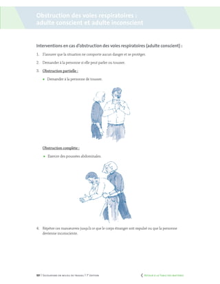 101 | Secourisme en milieu de travail | 7e
édition
Obstruction des voies respiratoires :
adulte conscient et adulte inconscient
Interventions en cas d’obstruction des voies respiratoires (adulte conscient) :
1.	 S’assurer que la situation ne comporte aucun danger et se protéger.
2.	 Demander à la personne si elle peut parler ou tousser.
3.	 Obstruction partielle :
	 Demander à la personne de tousser.
Obstruction complète :
	 Exercer des poussées abdominales.
4.	 Répéter ces manœuvres jusqu’à ce que le corps étranger soit expulsé ou que la personne
devienne inconsciente.
	 Retour à la Table des matières
 