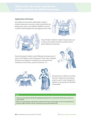 102 | Secourisme en milieu de travail | 7e
édition
Application technique
Pour effectuer les poussées abdominales, se placer
derrière la personne à secourir, mettre un pied entre ses
jambes pour assurer une meilleure stabilité et entourer
sa taille en prenant garde de ne pas appuyer sur les côtes.
Situer l’endroit où doivent s’exercer les poussées, soit
au-dessus du nombril, mais bien au-dessous de la
partie inférieure du sternum.
Si la personne est obèse ou enceinte,
faire des compressions thoraciques
jusqu’à ce que le corps étranger soit
expulsé ou que la personne devienne
inconsciente.
Note
Chaque poussée abdominale doit être appliquée séparément,d’un mouvement distinct,pour expulser le
corps étranger.
Même si le corps étranger a été expulsé,la personne doit toujours être dirigée vers des soins spécialisés,car
elle peut souffrir de lésions internes consécutives aux poussées abdominales.
Fermer le poing et le placer contre l’abdomen de la personne, le
pouce vers l’intérieur, saisir le poing avec l’autre main et appuyer
fortement sur l’abdomen en exerçant un mouvement vers
l’intérieur et vers le haut, un peu en forme de « J ».
Obstruction des voies respiratoires :
adulte conscient et adulte inconscient
	 Retour à la Table des matières
 