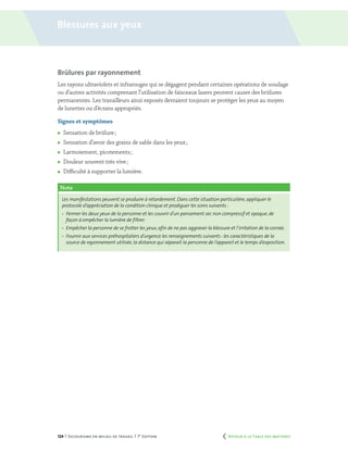 124 | Secourisme en milieu de travail | 7e
édition
Brûlures par rayonnement
Les rayons ultraviolets et infrarouges qui se dégagent pendant certaines opérations de soudage
ou d’autres activités comprenant l’utilisation de faisceaux lasers peuvent causer des brûlures
permanentes. Les travailleurs ainsi exposés devraient toujours se protéger les yeux au moyen
de lunettes ou d’écrans appropriés.
Signes et symptômes
	 Sensation de brûlure ;
	 Sensation d’avoir des grains de sable dans les yeux ;
	 Larmoiement, picotements ;
	 Douleur souvent très vive ;
	 Difficulté à supporter la lumière.
Note
Les manifestations peuvent se produire à retardement. Dans cette situation particulière,appliquer le
protocole d’appréciation de la condition clinique et prodiguer les soins suivants :
	 Fermer les deux yeux de la personne et les couvrir d’un pansement sec non compressif et opaque,de
façon à empêcher la lumière de filtrer.
	 Empêcher la personne de se frotter les yeux,afin de ne pas aggraver la blessure et l’irritation de la cornée.
	 Fournir aux services préhospitaliers d’urgence les renseignements suivants :les caractéristiques de la
source de rayonnement utilisée, la distance qui séparait la personne de l’appareil et le temps d’exposition.
Blessures aux yeux
	 Retour à la Table des matières
 