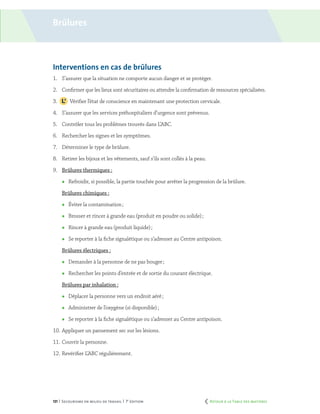 131 | Secourisme en milieu de travail | 7e
édition
Interventions en cas de brûlures
1.	 S’assurer que la situation ne comporte aucun danger et se protéger.
2.	 Confirmer que les lieux sont sécuritaires ou attendre la confirmation de ressources spécialisées.
3.		 Vérifier l’état de conscience en maintenant une protection cervicale.
4.	 S’assurer que les services préhospitaliers d’urgence sont prévenus.
5.	 Contrôler tous les problèmes trouvés dans L’ABC.
6.	 Rechercher les signes et les symptômes.
7.	 Déterminer le type de brûlure.
8.	 Retirer les bijoux et les vêtements, sauf s’ils sont collés à la peau.
9.	 Brûlures thermiques :
	 Refroidir, si possible, la partie touchée pour arrêter la progression de la brûlure.
	 Brûlures chimiques :
	 Éviter la contamination ;
	 Brosser et rincer à grande eau (produit en poudre ou solide) ;
	 Rincer à grande eau (produit liquide) ;
	 Se reporter à la fiche signalétique ou s’adresser au Centre antipoison.
	 Brûlures électriques :
	 Demander à la personne de ne pas bouger ;
	 Rechercher les points d’entrée et de sortie du courant électrique.
	 Brûlures par inhalation :
	 Déplacer la personne vers un endroit aéré ;
	 Administrer de l’oxygène (si disponible) ;
	 Se reporter à la fiche signalétique ou s’adresser au Centre antipoison.
10.	Appliquer un pansement sec sur les lésions.
11.	Couvrir la personne.
12.	Revérifier L’ABC régulièrement.
Brûlures
	 Retour à la Table des matières
 