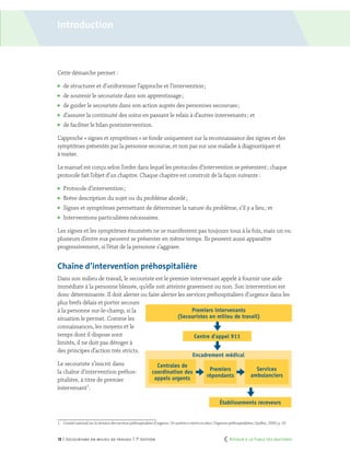 13 | Secourisme en milieu de travail | 7e
édition
Introduction
Cette démarche permet :
	 de structurer et d’uniformiser l’approche et l’intervention ;
	 de soutenir le secouriste dans son apprentissage ;
	 de guider le secouriste dans son action auprès des personnes secourues ;
	 d’assurer la continuité des soins en passant le relais à d’autres intervenants ; et
	 de faciliter le bilan postintervention.
L’approche « signes et symptômes » se fonde uniquement sur la reconnaissance des signes et des
symptômes présentés par la personne secourue, et non pas sur une maladie à diagnostiquer et
à traiter.
Le manuel est conçu selon l’ordre dans lequel les protocoles d’intervention se présentent ; chaque
protocole fait l’objet d’un chapitre. Chaque chapitre est construit de la façon suivante :
	 Protocole d’intervention ;
	 Brève description du sujet ou du problème abordé ;
	 Signes et symptômes permettant de déterminer la nature du problème, s’il y a lieu ; et
	 Interventions particulières nécessaires.
Les signes et les symptômes énumérés ne se manifestent pas toujours tous à la fois, mais un ou
plusieurs d’entre eux peuvent se présenter en même temps. Ils peuvent aussi apparaître
progressivement, si l’état de la personne s’aggrave.
Chaîne d’intervention préhospitalière
Dans son milieu de travail, le secouriste est le premier intervenant appelé à fournir une aide
immédiate à la personne blessée, qu’elle soit atteinte gravement ou non. Son intervention est
donc déterminante. Il doit alerter ou faire alerter les services préhospitaliers d’urgence dans les
plus brefs délais et porter secours
à la personne sur-le-champ, si la
situation le permet. Comme les
connaissances, les moyens et le
temps dont il dispose sont
limités, il ne doit pas déroger à
des principes d’action très stricts.
Le secouriste s’inscrit dans
la chaîne d’intervention préhos-
pitalière, à titre de premier
intervenant1
.
1.	 Comité national sur la révision des services préhospitaliers d’urgence. Un système à mettre en place, Urgences préhospitalières, Québec, 2000, p. 19.
Encadrement médical
Centre d’appel 911
Premiers intervenants
(Secouristes en milieu de travail)
Services
ambulanciers
Établissements receveurs
Centrales de
coordination des
appels urgents
Premiers
répondants
	 Retour à la Table des matières
 