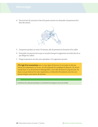 149 | Secourisme en milieu de travail | 7e
édition
4.	 Pincer le haut du nez juste en bas de la partie osseuse (ou demander à la personne de le
faire elle-même).
5.	 Comprimer pendant au moins 10 minutes, afin de permettre la formation d’un caillot.
6.	 Demander à la personne de ne pas se moucher lorsque le saignement est arrêté afin de ne
pas déloger les caillots.
7.	 Diriger la personne vers des soins spécialisés, si le saignement persiste.
S’il s’agit d’un traumatisme avec ou sans signe de fracture, le secouriste ne doit pas
exercer de compression sur le nez, car cela risquerait de compliquer la blessure. On recom-
mande dans ce cas de favoriser le drainage libre, c’est-à-dire de laisser le sang s’écouler, de
façon à ne pas obstruer les voies respiratoires, et d’absorber l’écoulement avec des com-
presses de gaze, sans exercer de pression.
Note
Une fracture du crâne peut provoquer un écoulement de sang par le nez ou les oreilles.
Hémorragie
	 Retour à la Table des matières
 