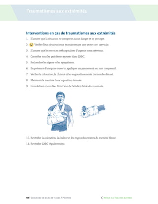 158 | Secourisme en milieu de travail | 7e
édition
Interventions en cas de traumatismes aux extrémités
1.	 S’assurer que la situation ne comporte aucun danger et se protéger.
2.		 Vérifier l’état de conscience en maintenant une protection cervicale.
3.	 S’assurer que les services préhospitaliers d’urgence sont prévenus.
4.	 Contrôler tous les problèmes trouvés dans L’ABC.
5.	 Rechercher les signes et les symptômes.
6.	 En présence d’une plaie ouverte, appliquer un pansement sec non compressif.
7.	 Vérifier la coloration, la chaleur et les engourdissements du membre blessé.
8.	 Maintenir le membre dans la position trouvée.
9.	 Immobiliser et combler l’intérieur de l’attelle à l’aide de coussinets.
10.	Revérifier la coloration, la chaleur et les engourdissements du membre blessé.
11.	Revérifier L’ABC régulièrement.
Traumatismes aux extrémités
	 Retour à la Table des matières
 
