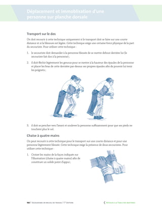 166 | Secourisme en milieu de travail | 7e
édition
Transport sur le dos
On doit recourir à cette technique uniquement si le transport doit se faire sur une courte
distance et si la blessure est légère. Cette technique exige une certaine force physique de la part
du secouriste. Pour utiliser cette technique :
1.	 le secouriste doit demander à la personne blessée de se mettre debout derrière lui (le
secouriste fait dos à la personne) ;
2.	 il doit fléchir légèrement les genoux pour se mettre à la hauteur des épaules de la personne
et placer les bras de cette dernière par-dessus ses propres épaules afin de pouvoir lui tenir
les poignets ;
3.	 il doit se pencher vers l’avant et soulever la personne suffisamment pour que ses pieds ne
touchent plus le sol.
Chaise à quatre mains
On peut recourir à cette technique pour le transport sur une courte distance et pour une
personne légèrement blessée. Cette technique exige la présence de deux secouristes. Pour
utiliser cette technique :
1.	 Croiser les mains de la façon indiquée sur
l’illustration (chaise à quatre mains) afin de
constituer un solide point d’appui ;
Déplacement et immoblisation d’une
personne sur planche dorsale
	 Retour à la Table des matières
 