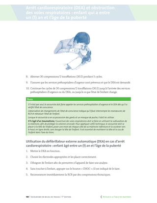 188 | Secourisme en milieu de travail | 7e
édition
8.	 Alterner 30 compressions/2 insufflations (30:2) pendant 5 cycles.
9.	 S’assurer que les services préhospitaliers d’urgence sont prévenus et que le DEA est demandé.
10.	Continuer les cycles de 30 compressions/2 insufflations (30:2) jusqu’à l’arrivée des services
préhospitaliers d’urgence ou du DEA, ou jusqu’à ce que l’état de l’enfant change.
Note
S’il n’est pas seul, le secouriste doit faire appeler les services préhospitaliers d’urgence et le DEA dès qu’il a
vérifié l’état de conscience.
L’observation de changements de l’état de conscience indique qu’il faut interrompre les manœuvres de
RCR et réévaluer l’état de l’enfant.
Lorsque le secouriste a en sa possession des gants et un masque de poche, il doit les utiliser.
S’il s’agit d’un traumatisme, l’ouverture des voies respiratoires doit se faire en utilisant la subluxation de
la mâchoire, afin de protéger la colonne cervicale. Pour appliquer cette technique, le secouriste doit se
placer à la tête de l’enfant, poser une main de chaque côté de sa mâchoire inférieure et la soulever vers
le haut, en ligne droite, sans bouger la tête de l’enfant. Il est essentiel de maintenir la tête et le cou de
l’enfant dans l’axe du tronc.
Utilisation du défibrillateur externe automatique (DEA) en cas d’arrêt
cardiorespiratoire : enfant âgé entre un (1) an et l’âge de la puberté
1.	 Mettre le DEA en fonction.
2.	 Choisir les électrodes appropriées et les placer correctement.
3.	 S’éloigner de l’enfant afin de permettre à l’appareil de faire une analyse.
4.	 Sans toucher à l’enfant, appuyer sur le bouton « CHOC » s’il est indiqué de le faire.
5.	 Recommencer immédiatement la RCR par des compressions thoraciques.
Arrêt cardiorespiratoire (DEA) et obstruction
des voies respiratoires : enfant qui a entre
un (1) an et l’âge de la puberté
	 Retour à la Table des matières
 