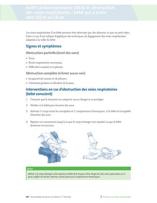 201 | Secourisme en milieu de travail | 7e
édition
Les voies respiratoires d’un bébé peuvent être obstruées par des aliments ou par un petit objet.
Dans ce cas, il est indiqué d’appliquer des techniques de dégagement des voies respiratoires
adaptées à la taille du bébé.
Signes et symptômes
Obstruction partielle (émet des sons)
	 Toux ;
	 Bruits respiratoires anormaux ;
	 Difficulté à respirer et à pleurer.
Obstruction complète (n’émet aucun son)
	 Incapacité de tousser et de pleurer ;
	 Coloration grisâtre ou bleuâtre de la peau.
Interventions en cas d’obstruction des voies respiratoires
(bébé conscient)
1.	 S’assurer que la situation ne comporte aucun danger et se protéger.
2.	 Vérifier si le bébé peut émettre des sons.
3.	 Alterner 5 coups entre les omoplates et 5 compressions thoraciques, si le bébé est incapable
d’émettre des sons.
4.	 Répéter ces manœuvres jusqu’à ce que le corps étranger soit expulsé ou que le bébé
devienne inconscient.
Note
Même si le corps étranger a été expulsé, le bébé doit toujours être dirigé vers des soins spécialisés, car il
peut souffrir de lésions internes consécutives aux compressions thoraciques.
Arrêt cardiorespiratoire (DEA) et obstruction
des voies respiratoires : bébé qui a entre
zéro (0) et un (1) an
	 Retour à la Table des matières
 