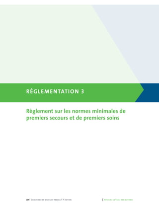 231 | Secourisme en milieu de travail | 7e
édition
Réglementation 3
Règlement sur les normes minimales de
premiers secours et de premiers soins
	 Retour à la Table des matières
 
