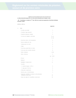 248 | Secourisme en milieu de travail | 7e
édition
Règlement sur les normes minimales de premiers
secours et de premiers soins
	 Retour à la Table des matières
 