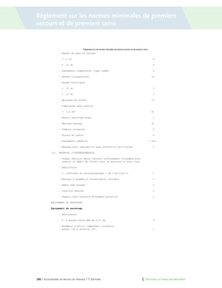 250 | Secourisme en milieu de travail | 7e
édition
Règlement sur les normes minimales de premiers
secours et de premiers soins
	 Retour à la Table des matières
 