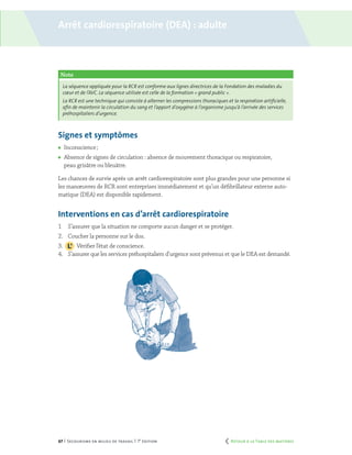 67 | Secourisme en milieu de travail | 7e
édition
Signes et symptômes
	 Inconscience ;
	 Absence de signes de circulation : absence de mouvement thoracique ou respiratoire,
peau grisâtre ou bleuâtre.
Les chances de survie après un arrêt cardiorespiratoire sont plus grandes pour une personne si
les manœuvres de RCR sont entreprises immédiatement et qu’un défibrillateur externe auto-
matique (DEA) est disponible rapidement.
Interventions en cas d’arrêt cardiorespiratoire
1	 S’assurer que la situation ne comporte aucun danger et se protéger.
2.	 Coucher la personne sur le dos.
3.		 Vérifier l’état de conscience.
4.	 S’assurer que les services préhospitaliers d’urgence sont prévenus et que le DEA est demandé.
Arrêt cardiorespiratoire (dea) : adulte
Note
La séquence appliquée pour la RCR est conforme aux lignes directrices de la Fondation des maladies du
cœur et de l’AVC. La séquence utilisée est celle de la formation « grand public ».
La RCR est une technique qui consiste à alterner les compressions thoraciques et la respiration artificielle,
afin de maintenir la circulation du sang et l’apport d’oxygène à l’organisme jusqu’à l’arrivée des services
préhospitaliers d’urgence.
	 Retour à la Table des matières
 