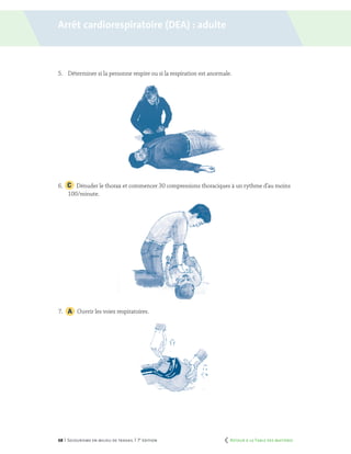 68 | Secourisme en milieu de travail | 7e
édition
5.	 Déterminer si la personne respire ou si la respiration est anormale.
6. 		 Dénuder le thorax et commencer 30 compressions thoraciques à un rythme d’au moins
100/minute.
7.		 Ouvrir les voies respiratoires.
Arrêt cardiorespiratoire (dea) : adulte
	 Retour à la Table des matières
 