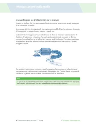 96 | Secourisme en milieu de travail | 7e
édition
Interventions en cas d’intoxication par le cyanure
La sécurité des lieux doit être assurée avant l’intervention, car le secouriste ne doit pas risquer
de se contaminer lui-même.
La personne doit être décontaminée le plus rapidement possible. Il faut lui retirer ses vêtements.
Si le produit est en poudre, brosser et rincer à grande eau.
L’administration d’oxygène demeure le traitement de choix en attendant l’administration de
l’antidote. Si la personne est victime d’un arrêt cardiorespiratoire, le secouriste ne doit pas
pratiquer le bouche à bouche ou le bouche à masque ; seule l’utilisation d’un ballon-masque est
indiquée dans ce cas. Par ailleurs, le ballon-masque doit être muni d’une tubulure d’arrivée
d’oxygène à 100 %.
Des antidotes existent pour contrer ce type d’intoxication. Le secouriste en milieu de travail
n’est pas autorisé à administrer ce médicament. L’employeur doit s’assurer d’avoir un protocole
concernant la gestion des antidotes et il doit en informer les travailleurs
Note
Le cyanure est un contaminant extrêmement dangereux. Pour intervenir auprès d’une personne intoxiquée
par ce produit, le secouriste doit avoir reçu une formation complémentaire au préalable.
Intoxication professionnelle
	 Retour à la Table des matières
 