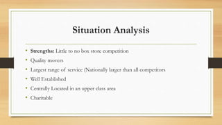 Situation Analysis
• Strengths: Little to no box store competition
• Quality movers
• Largest range of service (Nationally larger than all competitors
• Well Established
• Centrally Located in an upper class area
• Charitable
 