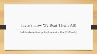 Here's How We Beat Them All!
Early Marketing Strategy: Implementation Time(2-3 Months)
 